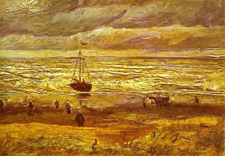 Vincent van Gogh Beach with Figures and Sea with a Ship